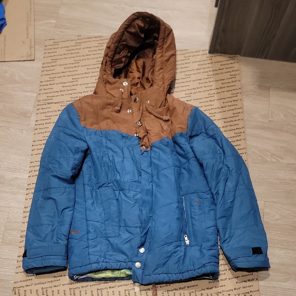 Volcom Blue and Brown Hooded Puffer Jacket